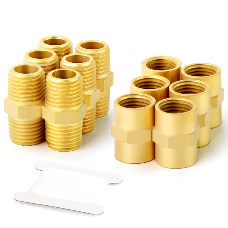 GASHER 12PCS Metals Brass Pipe Fitting, Hex Nipple Brass Hex Coupler, 1/4" x 1/4" NPT Male Thread Pipe, 1/4Inch x 1/4Inch NPT Female Thread Pipe - Image 1